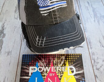 Thin Blue line hat * American Flag Hat * Back the Blue * support the Police * distressed trucker hat. Embroidered.