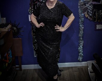L - Vintage Black Velvet "Glittering Galaxy" Slitted Side Midi Witchy Dress