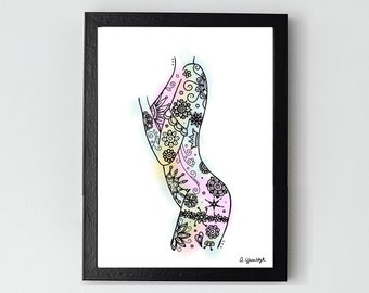 Watercolour Female Art / Woman Tattoo Drawing Art Print / Empowerment Artwork / Tattoo Art Print / Female Body Silhouette / Curvy Woman Art