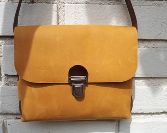 Leather tote real leather tote bag yellow leather bag brown | Etsy
