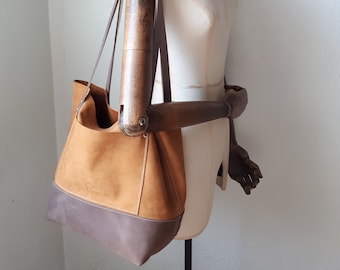 Dark yellow and brown leather shopper bag for work, school or travel.  Gift for women. Leather tote bag to carry your computer.