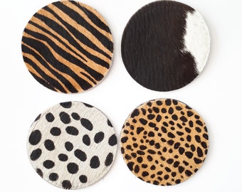 Round cowhide coasters, Four coaster, housewarming gift, set of coasters, double layer coasters, leather coasters, cowhide coasters