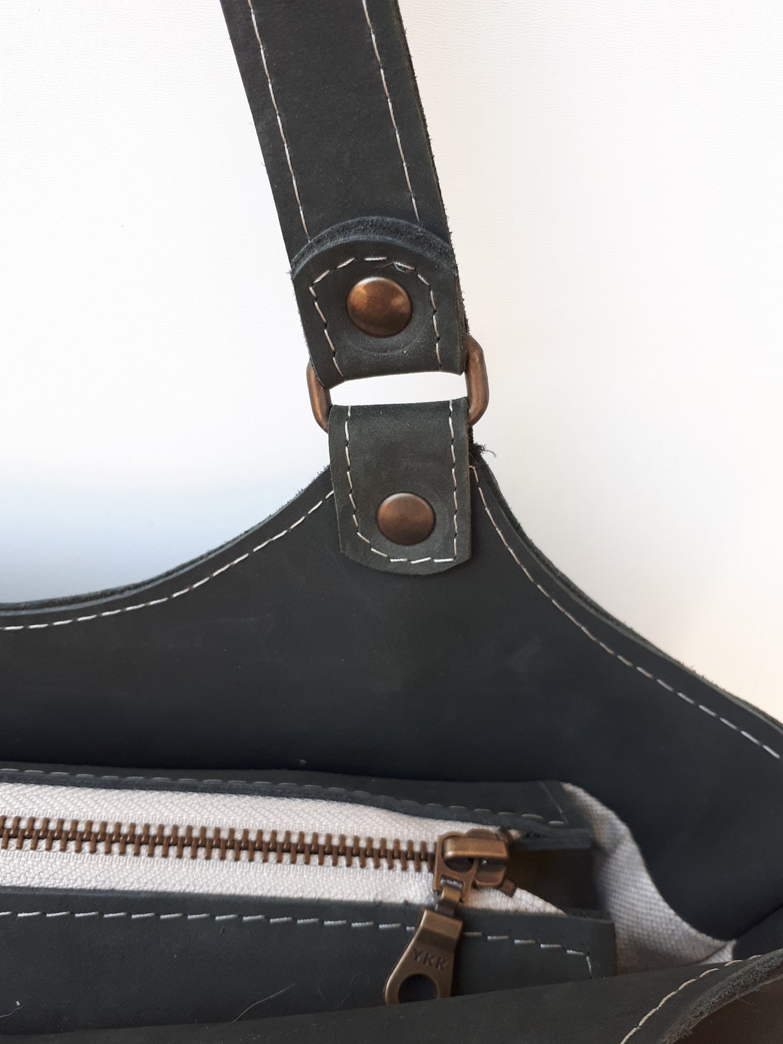 Gray leather shoulder bag with YKK zippers. Lined leather bag Etsy