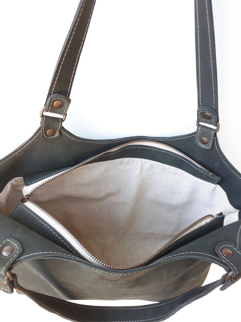 Gray leather shoulder bag with YKK zippers. Lined leather bag Etsy