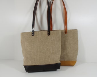 Linen and leather tote bag, Linen shopper bag, Linen daily bag, Leather and Linen Bag