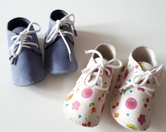 Blue leather baby shoes / crib shoes for warm feet.