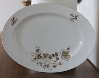 Sweet White Vintage Germany China Platter with Brown Floral Roses Muted Colors