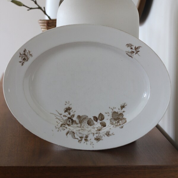 Sweet White Vintage Germany China Platter with Brown Floral Roses Muted Colors