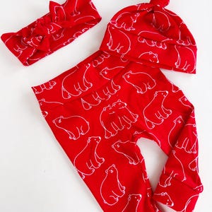 Bears on red~ Christmas baby leggings and headband set newborn leggings newborn take home set baby pants baby girl legging baby boy leggings