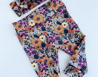 Floral Baby Leggings and Headband, newborn, toddler, girl pants-NOT actual embroidery