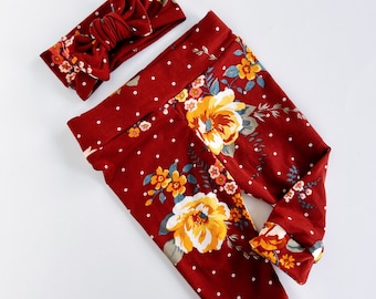 Wine floral~ baby leggings autumn leggings, baby girl leggings and headband set newborn girl take home baby set