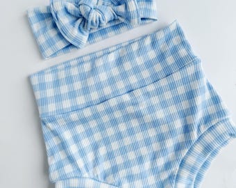 Plaid blue Baby Bummies, high waisted Girl Shorties, newborn, toddler set