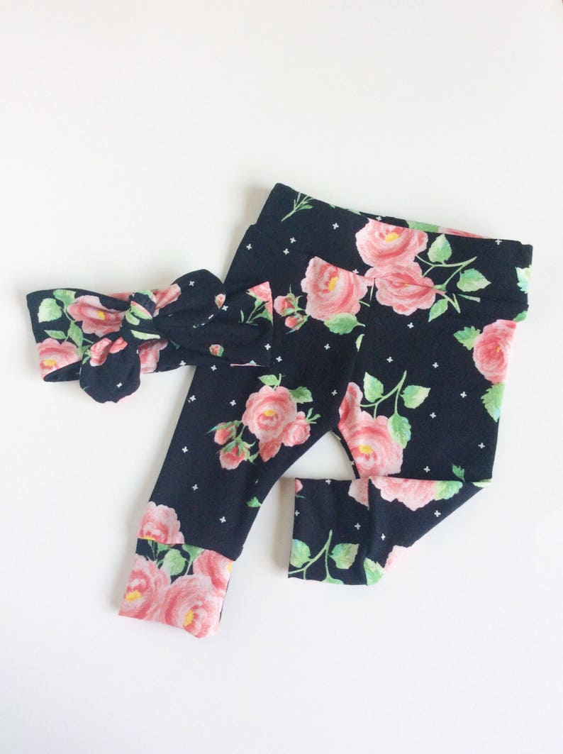 Floral baby leggings and headband set newborn leggings newborn take home baby pants baby girl leggings cotton baby leggings baby image 3