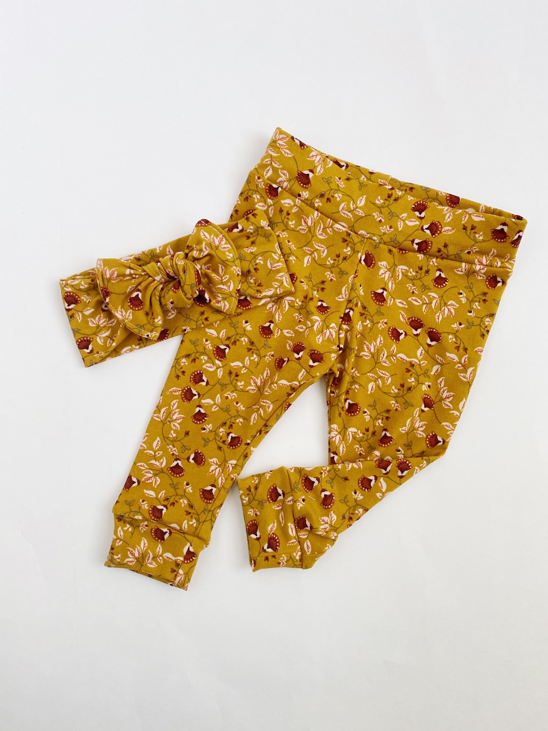 Mustard floral fall floral baby leggings and headband set newborn