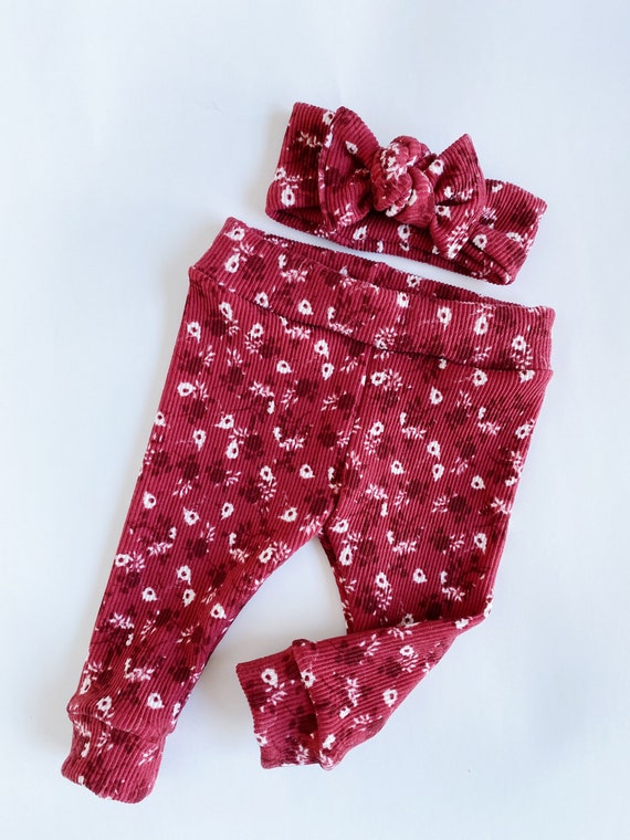 Burgundy ribbed floral fall floral baby leggings and headband set newborn leggings newborn take home baby pants baby girl leggings baby