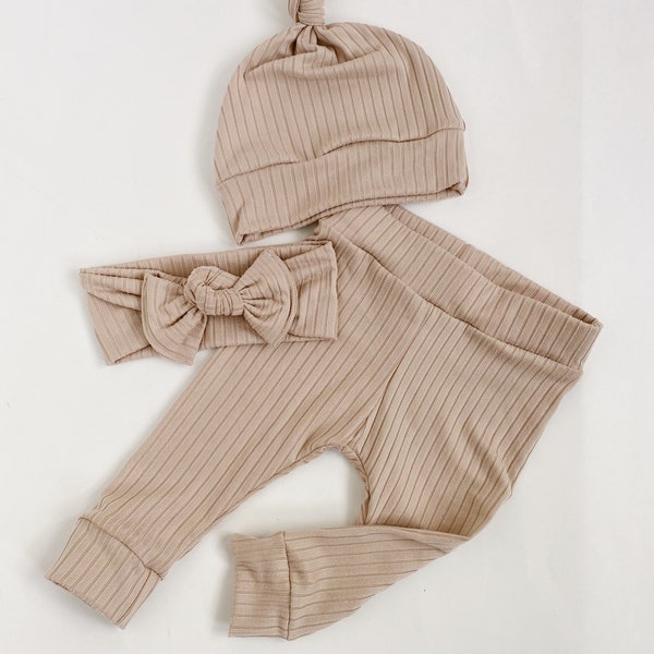 Taupe ~ baby leggings and hat set headband set newborn leggings newborn take home baby pants baby girl leggings new baby leggings