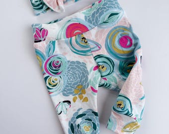 Floral Baby Leggings , girl, newborn, toddler pants and Headband Set
