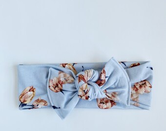 Gentle blue floral~ flat bow top Knot Baby headbands pink bow headband girl headband knot bow headband toddler knot headband girl top knot