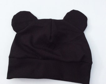 Black Baby Bear Beanie, Soft Knit Toddler Ear Hat