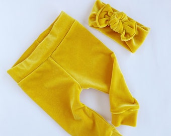 Yellow velvet ~ baby leggings and headband set newborn leggings newborn take home baby pants baby girl leggings baby