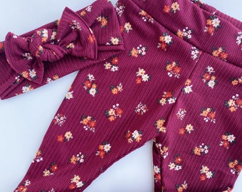 Burgundy Floral Baby Leggings and Headband Set