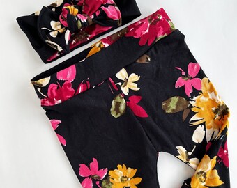 Floral on black baby leggings and headband set newborn leggings newborn take home baby pants baby girl leggings new baby leggings