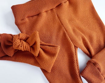 Burnt Orange Waffle Knit Baby Leggings and Headband Set