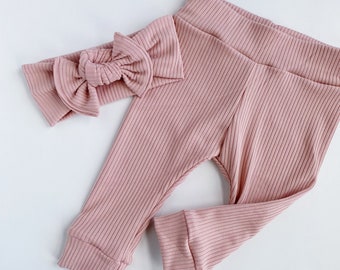 Dusty Rose rib knit Baby Leggings: Newborn girl to Toddler pants set