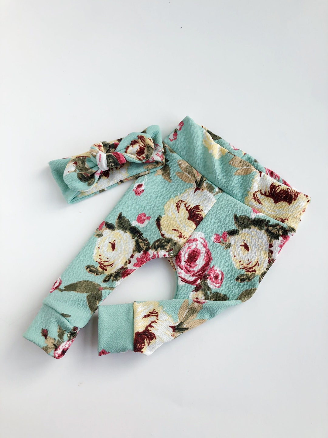 Mint Spring Floral Baby Leggings and Knot Headband Set Newborn Leggings