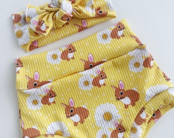 Bunnies yellow Baby Bummies, High Waist Shorties for newborn, girl, toddler, summer outfit set