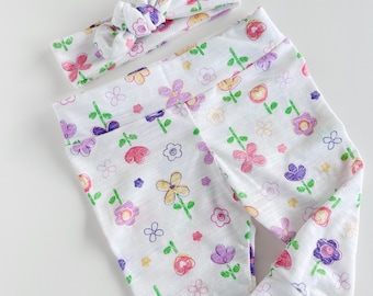Floral Baby Leggings and Headband Set,  Newborn Take Home Outfit, girl, toddler flower pants