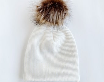 Off White Baby Beanie with Pom Pom, Slouch Hat