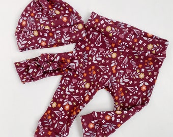 Burgundy floral baby leggings and headband set newborn leggings newborn take home baby pants baby girl leggings new baby leggings