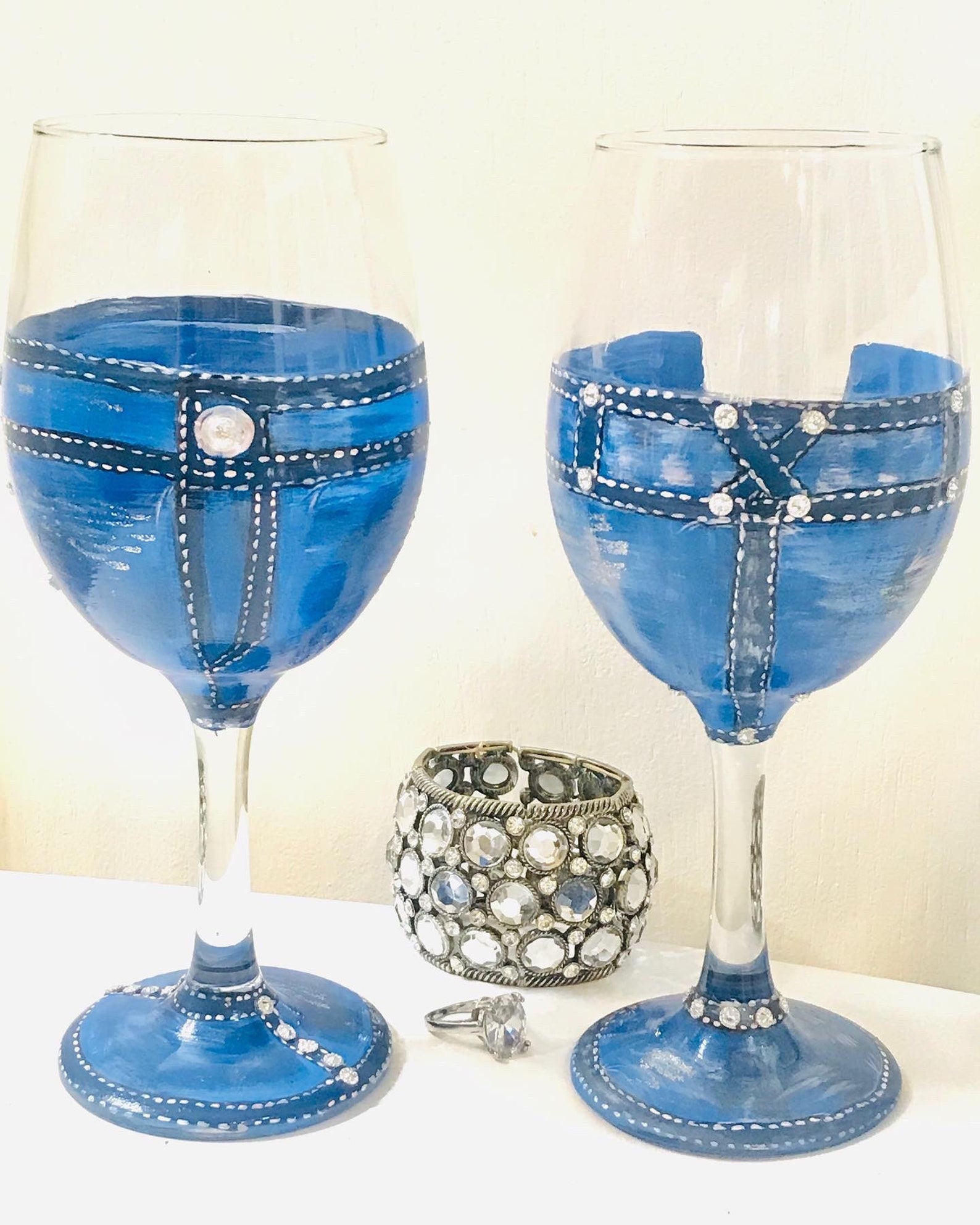 Ready to ship Set of two denim & diamond wine glasses Etsy