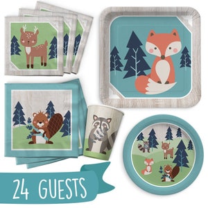 Woodland Animals Birthday Party Supplies | 24 GUESTS | Woodland Baby Shower Decorations Boy or Girl | Woodland Creatures Plates Napkins Cups