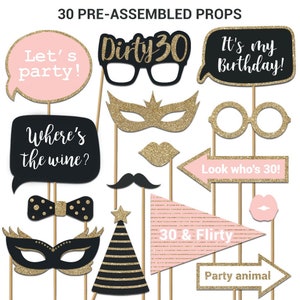 Dirty 30 Photo Booth Props | FULLY ASSEMBLED | 30th Birthday Photo Booth Props | (Real Glitter) | Pink Gold Black |  No DIY (30 Pieces)