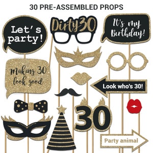 Dirty 30 Photo Booth Props | FULLY ASSEMBLED | 30th Birthday Photo Booth Props | (Real Glitter) | Gold Black |  No DIY (30 Pieces)