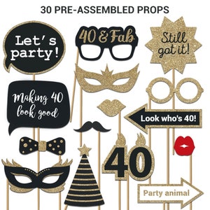 40th Photo Booth Props | FULLY ASSEMBLED | 40th Birthday Photo Booth Props | (Real Glitter) | Gold Black |  No DIY (30 Pieces)