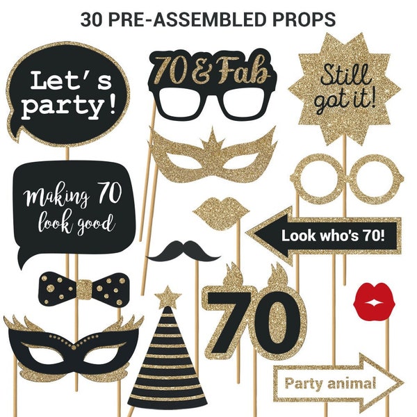 70th Photo Booth Props | FULLY ASSEMBLED | 70th Birthday Photo Booth Props | (Real Glitter) | Gold Black |  No DIY (30 Pieces)