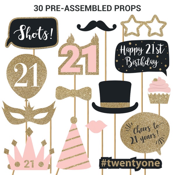 21st Photo Booth Props | FULLY ASSEMBLED | 21st Birthday Photo Booth Props | (Real Glitter) | Pink Gold Black |  No DIY (30 Pieces)