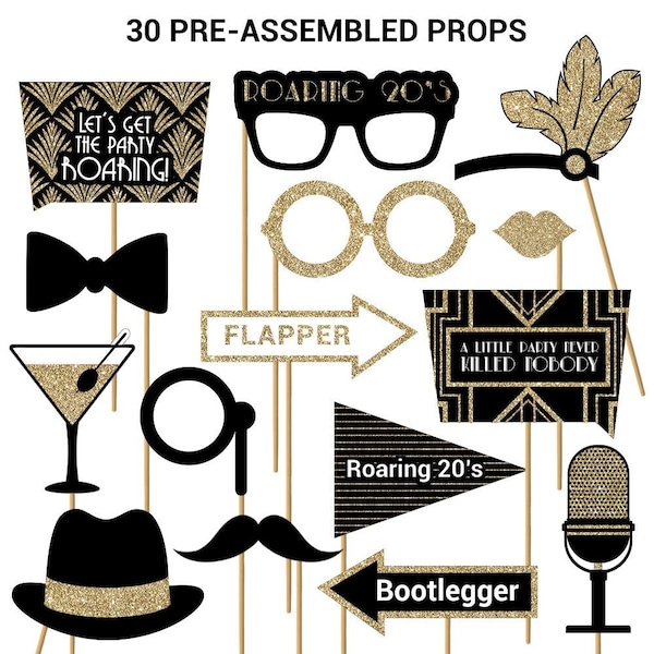 Roaring 20s Photo Booth Props | FULLY ASSEMBLED | Real Glitter | 1920s Decorations | No DIY (30 Pieces)