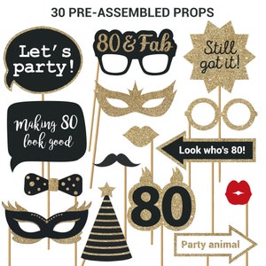 80th Photo Booth Props | FULLY ASSEMBLED | 80th Birthday Photo Booth Props | (Real Glitter) | Gold Black |  No DIY (30 Pieces)