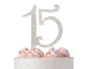 15 Birthday Cake Topper-  Quinceañera Silver Birthday Cake Topper - 15th Anniversary -15th Birthday Party Decorations - 15 Number Fifteen