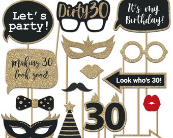 Dirty 30 Photo Booth Props | FULLY ASSEMBLED | 30th Birthday Photo Booth Props | (Real Glitter) | Gold Black |  No DIY (30 Pieces)