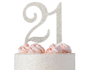 21 Birthday Cake Topper - 21st Birthday Decoration Ideas - SILVER Number Twenty One Cake Topper - Sparkly Rhinestones - Perfect Keepsake