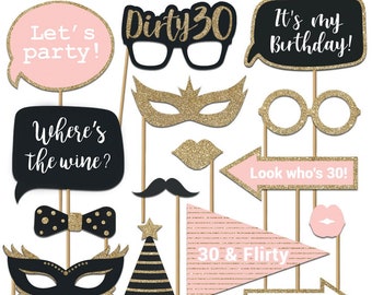Dirty 30 Photo Booth Props | FULLY ASSEMBLED | 30th Birthday Photo Booth Props | (Real Glitter) | Pink Gold Black |  No DIY (30 Pieces)
