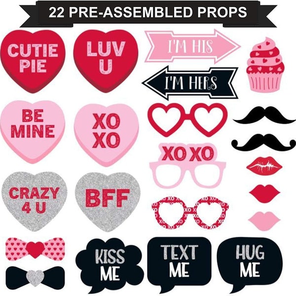 Fully Assembled Valentine's Day Photo Booth Props | Set of 22 | Pink, Red, and Silver Selfie Signs | V-Day Party Supplies and Decor | No DIY