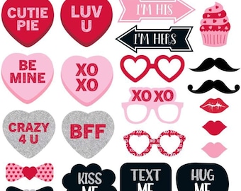 Fully Assembled Valentine's Day Photo Booth Props | Set of 22 | Pink, Red, and Silver Selfie Signs | V-Day Party Supplies and Decor | No DIY