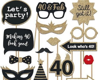 40th Photo Booth Props | FULLY ASSEMBLED | 40th Birthday Photo Booth Props | (Real Glitter) | Gold Black |  No DIY (30 Pieces)
