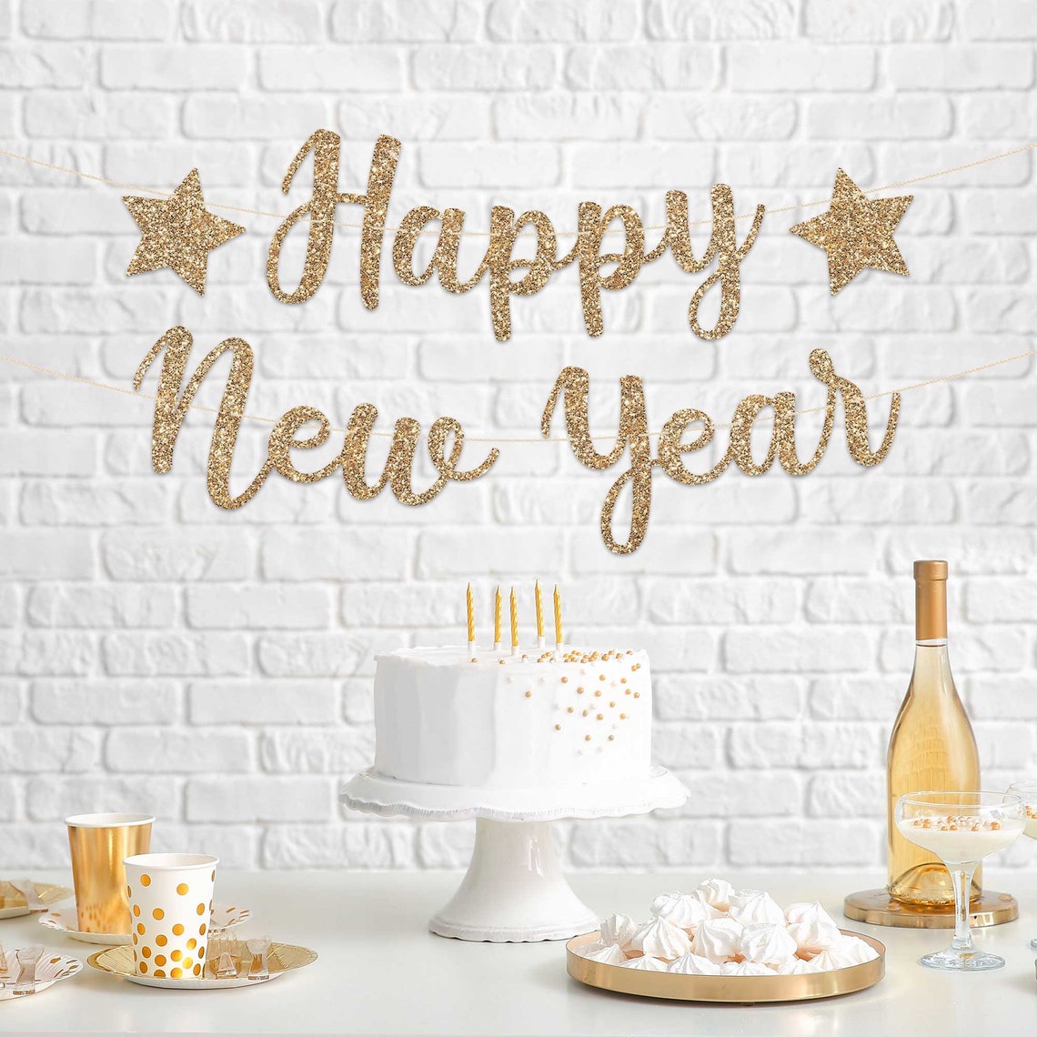 Pre-strung Happy New Year Banner - NO DIY - Gold Glitter New Years Eve ...